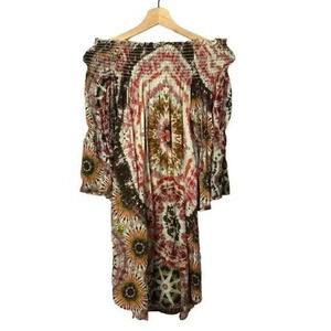 Stark X Red & Brown Boho Printed Cold Shoulder Long Sleeve Mini Dress S
